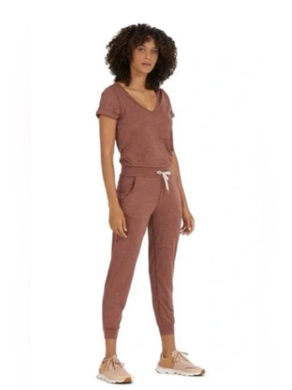 Vuori All Day Jumpsuit Short Sleeve Rolled Crop Terracotta Heather Brown Size S